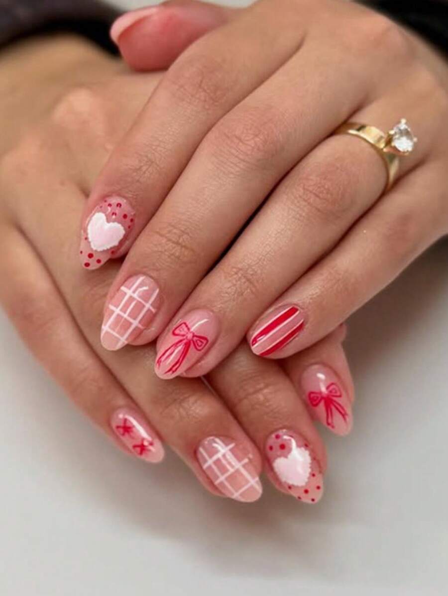 24pcs Valentine's Day Nail Art Set: Oval Shaped Press-On Nail Stickers In Red & Pink Heart, Grid, Bow, Heart Polka Dot, Stripe Patterns. Acrylic Press-On Nail Stickers Suitable For Short Nails, Can Be Used For Acrylic Nails, Red Nails, Pink Nails, Ideal For Nail Decoration. Suitable For Women's Dates, Parties, Enhancing Personal Charm!