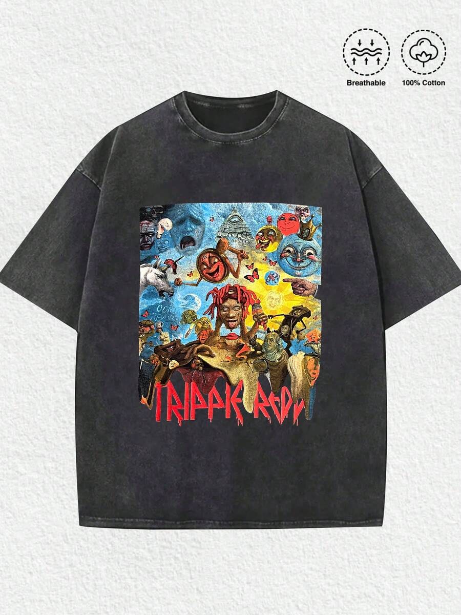 Trippie Redd Life's Album Cover Tee ,Casual Print,Comfortable And Versatile,Letter Pattern Pure Cotton 220g Printed T-Shirt - 黑色 - 查看 1