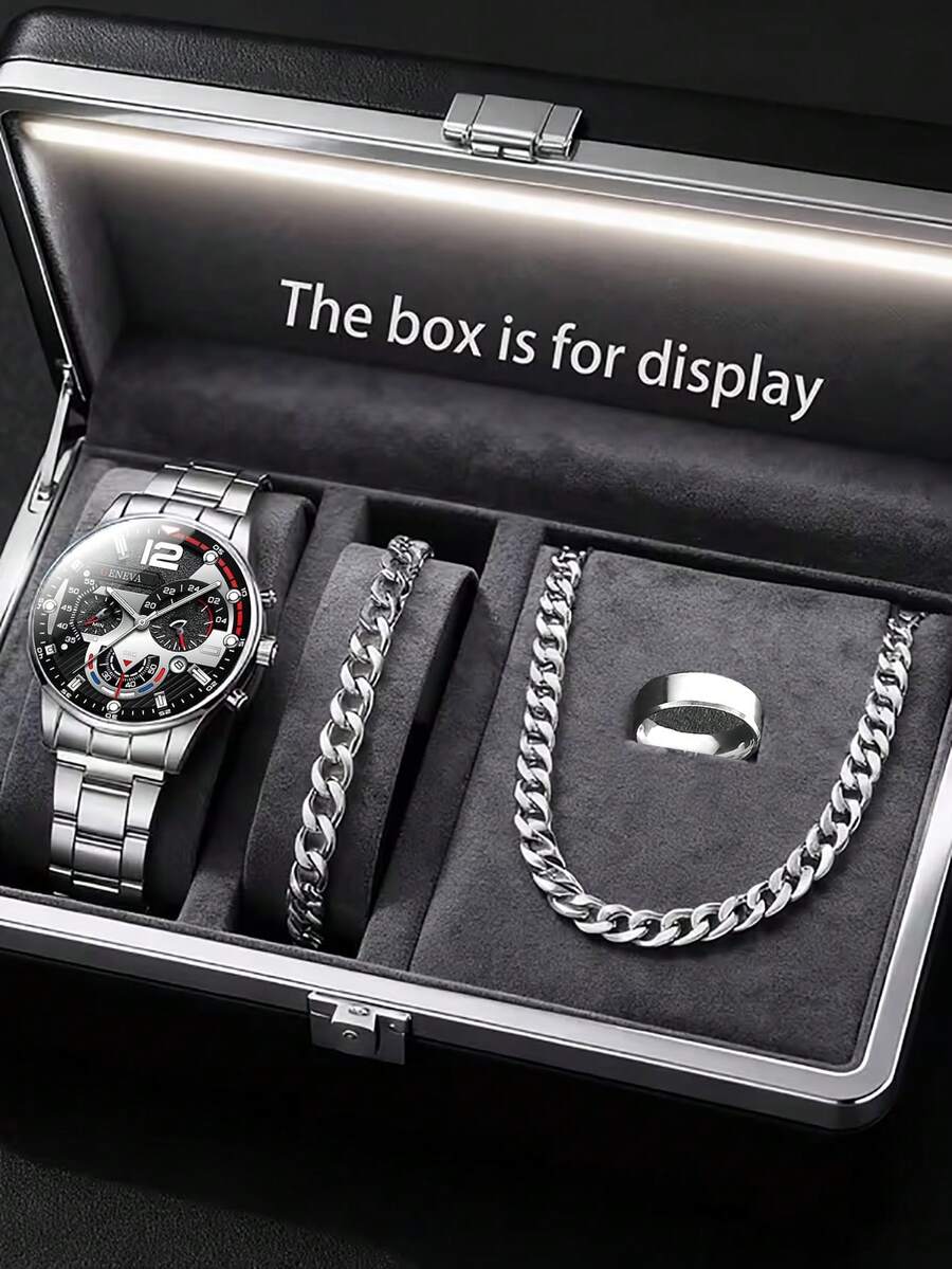 4pcs Fashion Silver Tone Quartz Watch With Classic Silver Bracelet, Necklace, Ring Set For Teens, With Calendar Function, Best Daily Wear Wristwatch, Birthday Gift For Teenagers, Valentine's Day Special - Silver - View 1