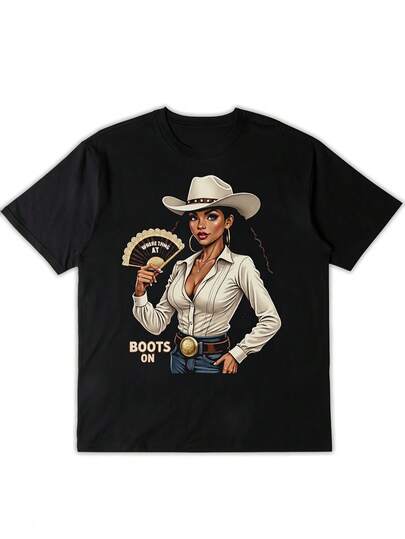 & 's Western Cowgirl Print T Shirt Slim Fit Sht Sve Round Neck Soft Durable Casual Top with Cowgirl & Boo Graphic H Line Silhouette f Country Music Festivals Rodeo Even & CasualCamia deptiva infmal de manga cta de suave para uso diario, viajes y carreras al e libre, estilo urbano atlético juvenil.