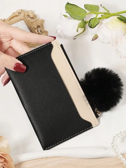 With A Pom-Pom Charm,Black Card Holder Ultra-Thin, Lightweight,Portable Cash,Id Card,Credit Card,Coin Pocket Wallet,Fashionable Zipper Coin Wallet,High-Quality Credit Card Storage Bag,Simple And Casual Multi Card Clip,Perfect For Outdoor Activities,Travel,And Returning To School