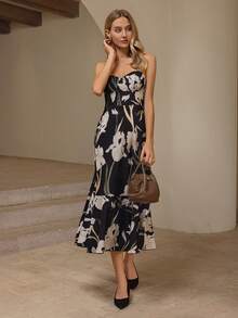 Oulis Elegant Floral Print Waist Line Spaghetti Strap Midi Dress, Vacation Style, Old Money Style, Court Style, Valentine's Day Outfit, Prom Party, Back To School, Elegant Ladies - Multicolor - View 5