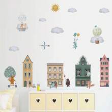 水彩童话小镇，太阳，云朵，动物墙贴，适用于儿童房、婴儿房装饰，自粘式 - 彩色 - 查看 2