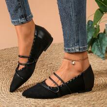 2026 New French Pointed Toe Mary Jane Vintage Solid Color Basic Ruffle Increased Inner Height Plus Size Women Shoes, Suitable For Home, All Seasons, Evening Wear - Black - View 1