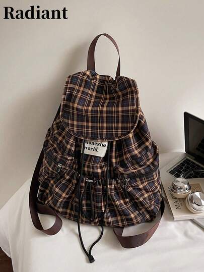 1个时尚格子多口袋尼龙休闲背包，防水轻便可折叠抽绳贴布字母旅行包，大学包