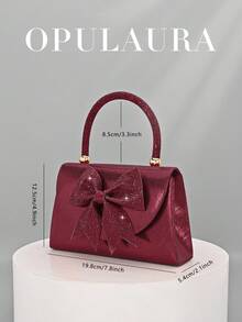 OpulAura 女士欧美风酒红色缎面翻盖晚宴包，闪亮优雅的蝴蝶结和水钻装饰派对手拿包，奢华正式礼服包，链条单肩包，适合晚宴、派对、生日派对、新娘手拿包、婚礼配饰 - 酒紅色 - 查看 5