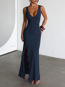 WOWDARK Women's Solid Color Dress, Fashionable Sexy V-Neck Ruffle Hem Slit Elegant Party Dress, Suitable For Valentine's Day, Dates, Gatherings, Parties, Travel, Vacation, Beach And Other Occasions - 藏蓝色 - 查看 3