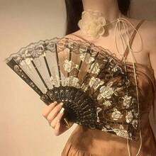 Elegant Lace Rose Folding Fan - Chinese Ancient Style Handheld Flower Pattern Fan, Black And White Rose Options, Compact 9.5-Inch Design, Suitable For Dance, Performance Or Decoration - màu đen - Xem 1
