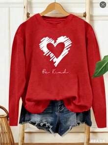 Women's Casual Long Sleeve Round Neck T-Shirt - "Be Kind Heart" Pattern Print, Bright Green, Medium Stretch Fabric, Machine Washable, All-Season Comfort, Non-Transparent Material Valentine Outfits For Women2025 - 紅色 - 查看 1