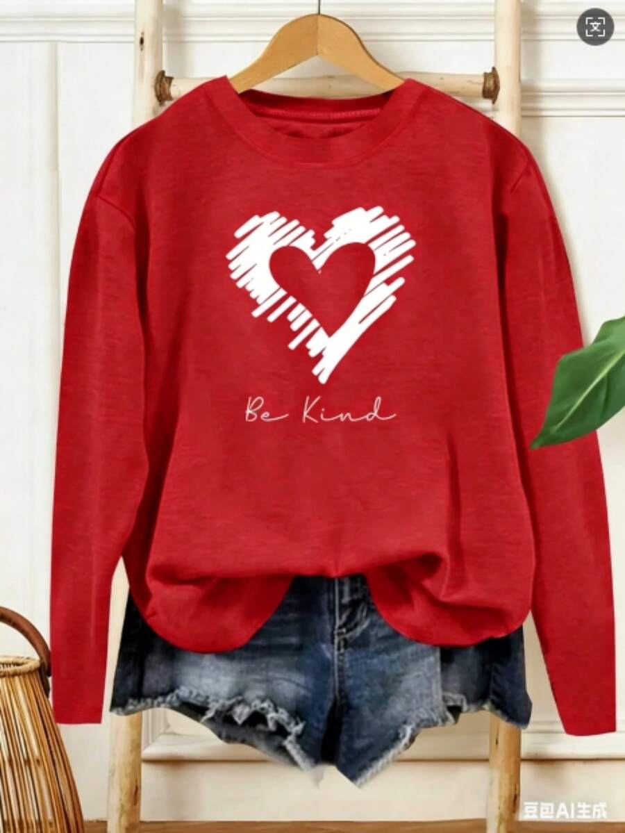 Women's Casual Long Sleeve Round Neck T-Shirt - "Be Kind Heart" Pattern Print, Bright Green, Medium Stretch Fabric, Machine Washable, All-Season Comfort, Non-Transparent Material Valentine Outfits For Women2025 - 紅色 - 查看 1