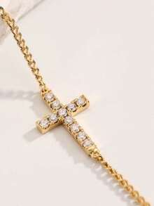 ZNICE New Faith Cross & Lucky Four-Leaf Flower Bracelet For Women, Minimalist Niche Design With Rhinestones, Stainless Steel Jewelry, Layerable, Suitable For Daily Blessing & Baptism Wear, - Gold - View 7