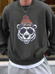 Men's Casual Loose Fit Crew Neck Sweatshirt With Bear Head Graphic Print, Chicago-Inspired DesignLoose And Comfortable,Hoodie,New Years Outfit Women - quả mơ - Xem 8