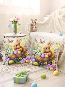 1pc Easter Bunny Pillowcase, 18 * 18inch Rabbit Flower & Eggs Pattern Festive Throw Pillow Cover, Polyester Farmhouse Style Cushion Cover Perfect For Couch Sofa Living Room Bedroom Home Decor, Easter Decor Without Pillow Inserts, Spring Theme Party Supplies - Multicolor - View 12