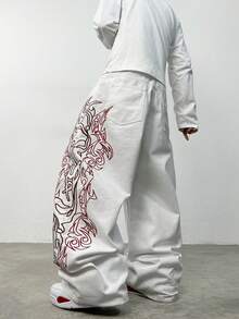1pc Justice Brother Korean Style Embroidered White Denim Jeans, Loose Fit, Versatile, Comfortable Casual Wide Leg Pants (Belt And Accessories Not Included) - White - View 7