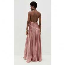 2026 Valentine's Day Dinner Dress - Women's Metallic Pleated Backless Sleeveless Tie Neck Split Gown - 粉紅色 - 查看 2
