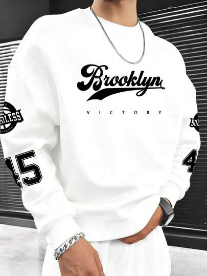 Men's "VICTORY" Graphic Print Crew Neck Pullover Sweatshirt, Streetwear Style, Autumn/Winter