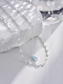 Nooxian 2pcs/Set Silver Jewelry Simple Elegant Silver Flat Cross Chain & Lips Chain With Blue Teardrop Copper Pendant Necklace Set For Women - Silver - View 2