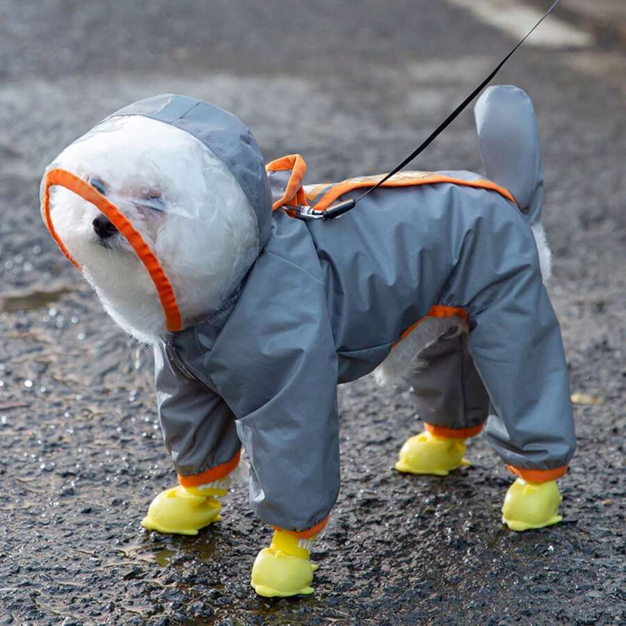 [Reflective Dog Raincoat Set] Waterproof Dog Raincoat With Cap & Boots | Fully Wrapped Reflective Snap-Button Design For Abdominal Protection | Traction Strap | Suitable For Small Dogs - S - 查看 1