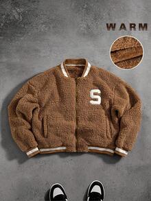 Chaqueta con diseño de cremallera completa, acento de letra grande S en bloque de color, textura suave y cómoda de burbuja esponjosa para hombres, adecuada para salidas casuales, cálida y resistente al viento para otoño/invierno - Marrón - Ver 2