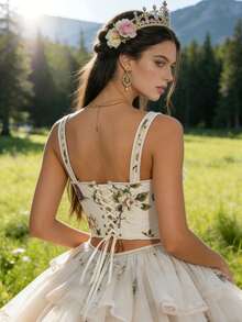 Y2K Floral Print Crop Top - Adjustable Lace-Up Back Bustier - Apricot - View 4