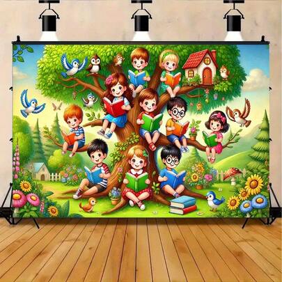1 pieza Fondo de escenario plano 2D con niño leyendo bajo un árbol, tema de niños leyendo, diseño plano 2D, múltiples tamaños, decoración de jardín linda, adecuado para escenas de estudio, plano 2D
