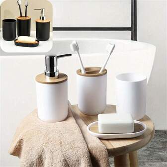 Juego de 4 accesorios de baño: dispensador de jabón de encimera, soporte para cepillo de dientes, jabonera, juego de almacenamiento de baño. Incluye soporte de plástico para cepillo de dientes, dispensador de jabón, vaso y bandeja - organizador de espacio, organizador de almacenamiento de plástico para encimera, ducha y bañera.