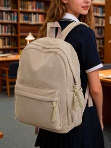 1 PC Khaki Corduroy Women's High-End Large-Capacity Travel Backpack,Multifunctional And Large Capacity Fashionable And Casual Large Capacity Portable Zipper School Bags,Travel Storage Stationery Storage,Vacation Essentials Satchel, Suitable For Earphones, Chargers, Lipstick, Cosmetics, Perfume, Skin Care And Beauty Products, Nurses, Students, Keys, Holiday Gifts - 卡其色 - 查看 2