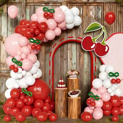 151 piezas Kit de arco de globos con temática de cereza, decoración de globos blancos/rojos, adecuado para fiesta de cumpleaños de princesa, baby shower, boda, Día de San Valentín, ducha nupcial - Decoraciones de fiesta con tema de cereza, ideal para niñas y niños