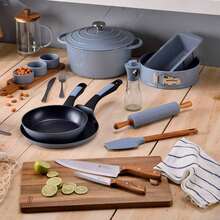 Ensemble de 2 poêles à frire Bergner Click&Cook Ø22Ø26cm en fonte d'aluminium bleue avec poignée amovible + Ensemble de 5 ustensiles de cuisine en silicone et bois - Bleu 2 - Voir 8