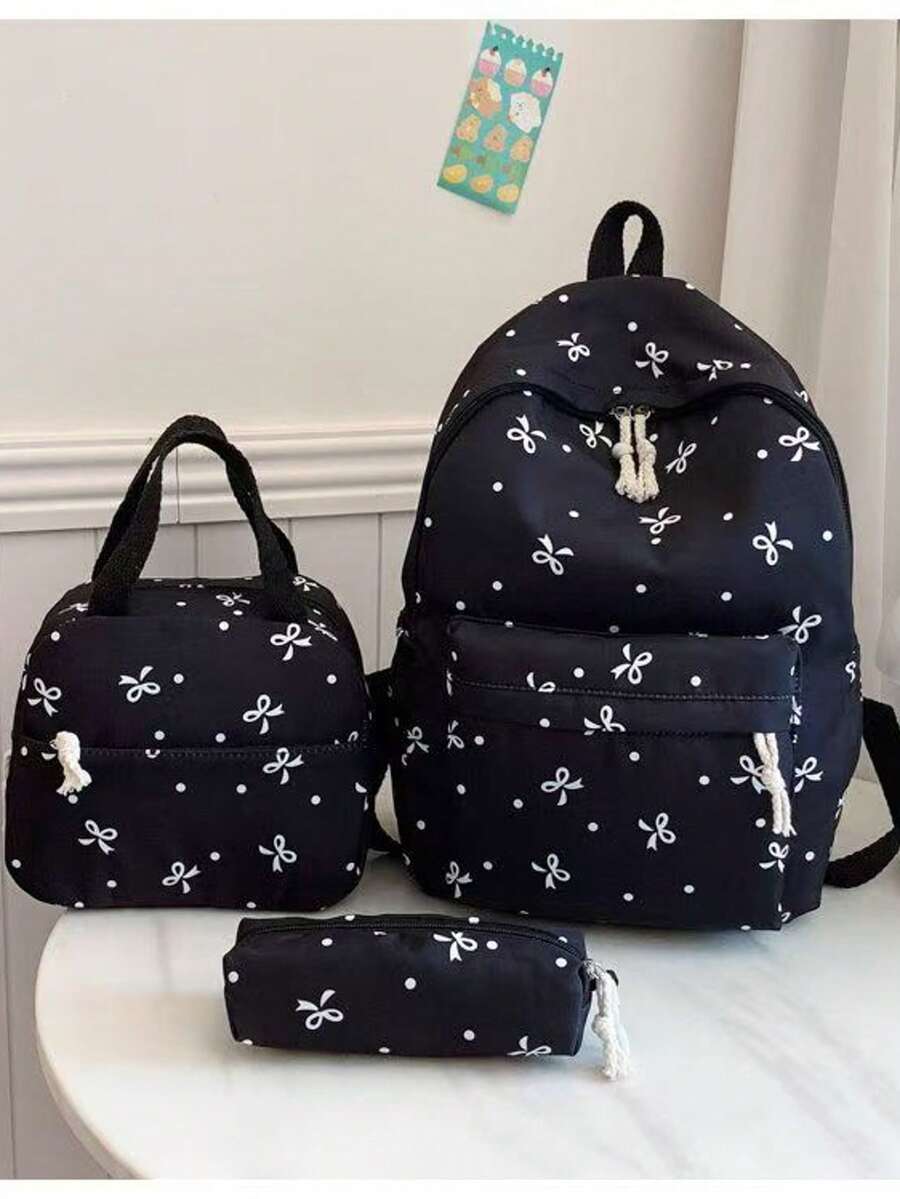 3pcs/Set Cute Bowknot Campus Backpack Set, Large Capacity Schoolbag For Middle School Girls, Versatile Back To School Bag - Black - View 1