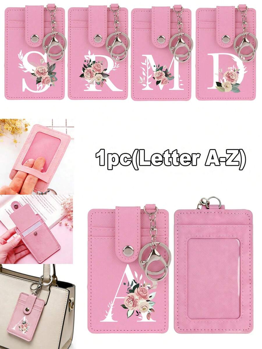 1pc PU Leather Minimalist Card Holder With Keychain, Floral & Alphabet A-Z Print, 2 Card Slots & 1 Transparent Front Pocket, Portable Wallet, Suitable For Business Cards, Credit Cards, ID Cards, Metro Cards, Can Be Hung On Backpacks Or Handbags, Great Gift For Birthday, Valentine's Day, New Year - Multicolor - View 1