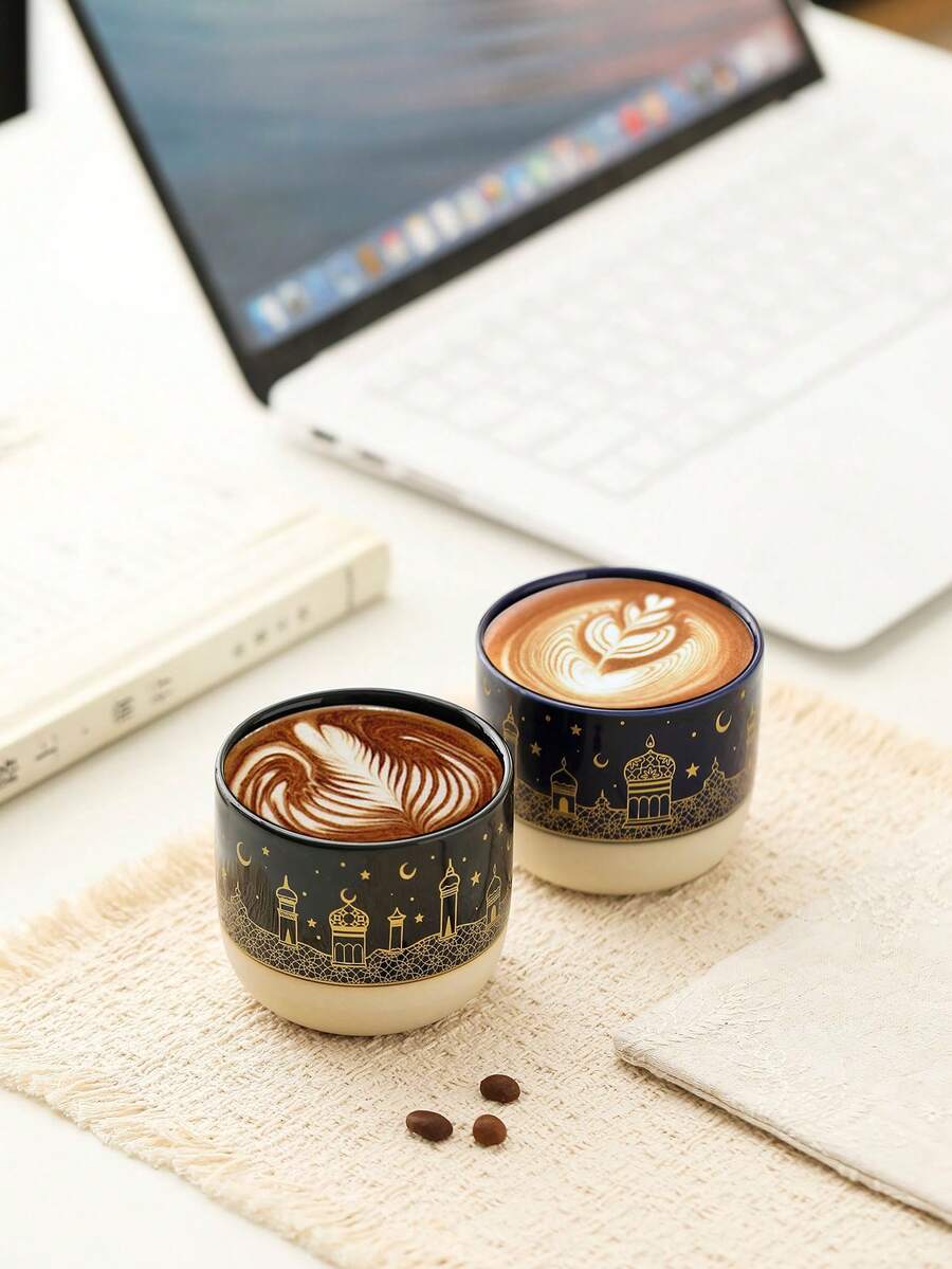 1个手工陶瓷星月图案可重复使用茶/咖啡杯，适用于浓缩咖啡和茶，是居家、办公和送礼的理想之选。 - 彩色 - 查看 1