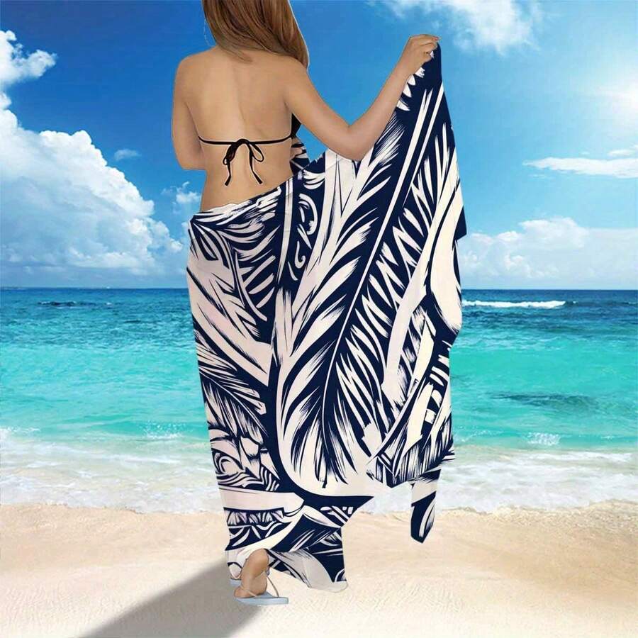 1pc Bohemian Beach Sarong & Towel - Quick-Dry Microfiber Wrap With Tropical Palm Leaf Print, Lightweight & Breathable For Poolside, Resort, Perfect Birthday Christmas Mother's Day Gift For Men, Women, Family And Friends Size 70x140cm/27.56x55.12 In - 白色 - 查看 1