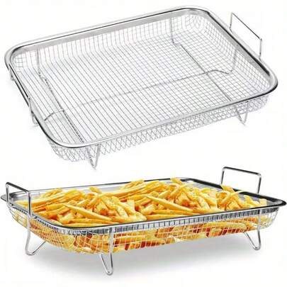 Stainless Steel Fry Basket Rack - Multipurpose Mesh Cooking Tray, Healthier Cooking, Durable, Design, Great For Frying Fries And Vegetables, Essential For Kitchen | Stylish Metal Appearance | Sturdy And Durable, Fry Basket Rack
