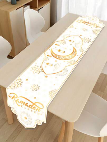 1Pc White Gold Ramadan Table Runner,180*35cm Polyester Table Cover,Eid Mubarak Tablecloth With Gold Star Moon Design,Ramadan Kareem Party Supplies,Ramadan Mubarak Decorations,Islamic Muslim Gathering Decor,Ramadan Eid Decor,Ramadan Home Decor,Eid Al-Fitr Table Decor,Kitchen Decor,Ramadan Gifts