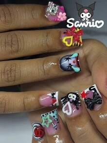 SANRIO 24片短方形3D凝胶豹纹法式美甲贴纸，饰有可爱的小丑、泪滴、蝴蝶结、花朵、爱心和星星图案，抽象哥特艺术风格，完美适用于假指甲，包含1瓶胶水和1个指甲锉，适合女性和女孩日常、派对和聚会使用。 - 查看 2