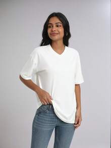 Women's Solid Color V-Neck Sports T-Shirt White Summer - White - View 3