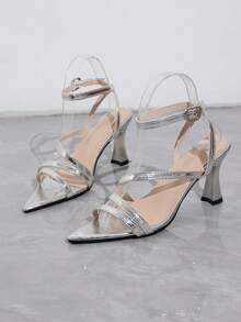 一双最新款银色漆皮交叉绑带尖头高跟凉鞋，适合青少年夏季穿着——舒适百搭，是日常出行、商场购物和派对活动的绝佳选择，时尚休闲又舒适。 - 銀色 - 查看 1