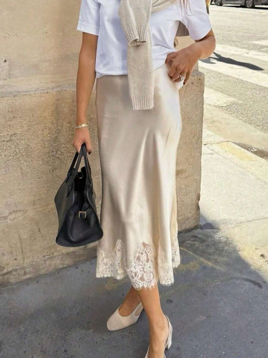 Women's Lace Trim Satin Silk Midi Skirt Y2K Elegant Silky Flowy A Line Long Skirt Vintage Bodycon Pencil Maxi Skirts Going Out Beach Vacation Skirt Streetwear - 香檳色 - 查看 1