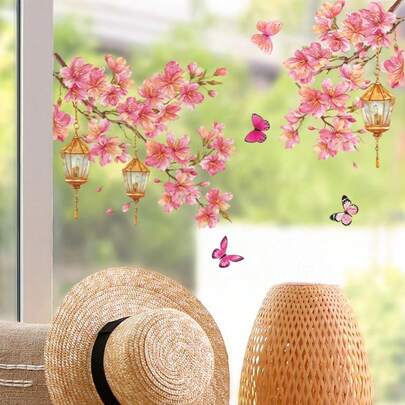 1 Stück Kirschblüten Laterne Wandaufkleber, selbstklebend, wasserfest, abnehmbar, zeitgenössisches Blumenmuster, unregelmäßige Form, abnehmbar, ideal für Schlafzimmer, Badezimmer, Raum, Fenster, Feiertags-Dekoration, stimmungsvolle Heimdekoration