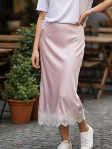 Women Spring Summer Casual Fashion Silk Satin Half Slip Long Skirts Lace Patchwork Low Elastic Waist Long Skirt Elegant Silky Flowy A Line Midi Skirts Daily Beach Vacation Party Club Festival Birthday - 粉色 - 查看 3