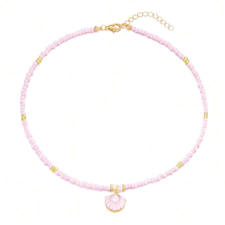 Seashell Pearl Pendant Necklace Gold Plated Boho Enamel Pink Blue Scallop Sea Shell Starfish Ocean Animal Chain Necklace For Women Hawaiian Summer Beach Holiday Fashion Jewelry Gifts - 粉紅色串珠項鍊 - 查看 1