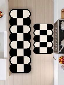 1pc Silicone Bathroom/Kitchen Mat, Black & White Patchwork Pattern, Lightweight, Cushioned, Anti-Fatigue, Water-Absorbent, Non-Slip, Suitable For Kitchen, Bathroom, Entryway, Laundry Room, Luxury Minimalist Style
