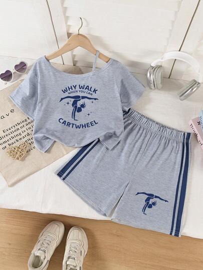 2pcs/Set Girls Outdoor Casual Fashion Korean Style Sports Chic Minimalist Girl Yoga Letter Print Camisole Top And Comfortable Striped Soft Shorts, Summer