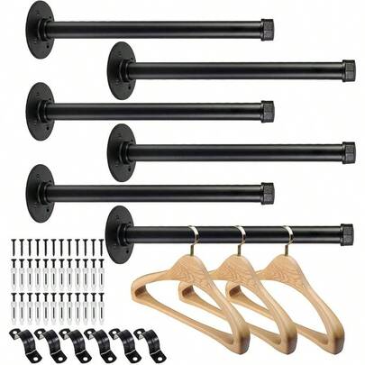 6 Pcs Industrial Pipe Clothes Bar 12 Inch - Wall Mount Clothing Rack - Face Out Wall Clothing Rods Commercial Retail Boutique Shirt Display
