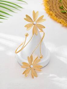 Fashionable Geometric Heart & Flower 3D Arm Cuff Jewelry, Suitable For Vacation, Party Wear, And Gift - Gold - View 2