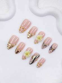 10pcs-Y2K Press On Nail, Almond, 100%Handmade, Reusable, Golden Nail, Nude, Paired With French, 3D, Cross, Little Snake, Suitable For Daily Wear, Parties, And Also The Best Valentine's Day Gift For Girls And Women - Gold - View 2