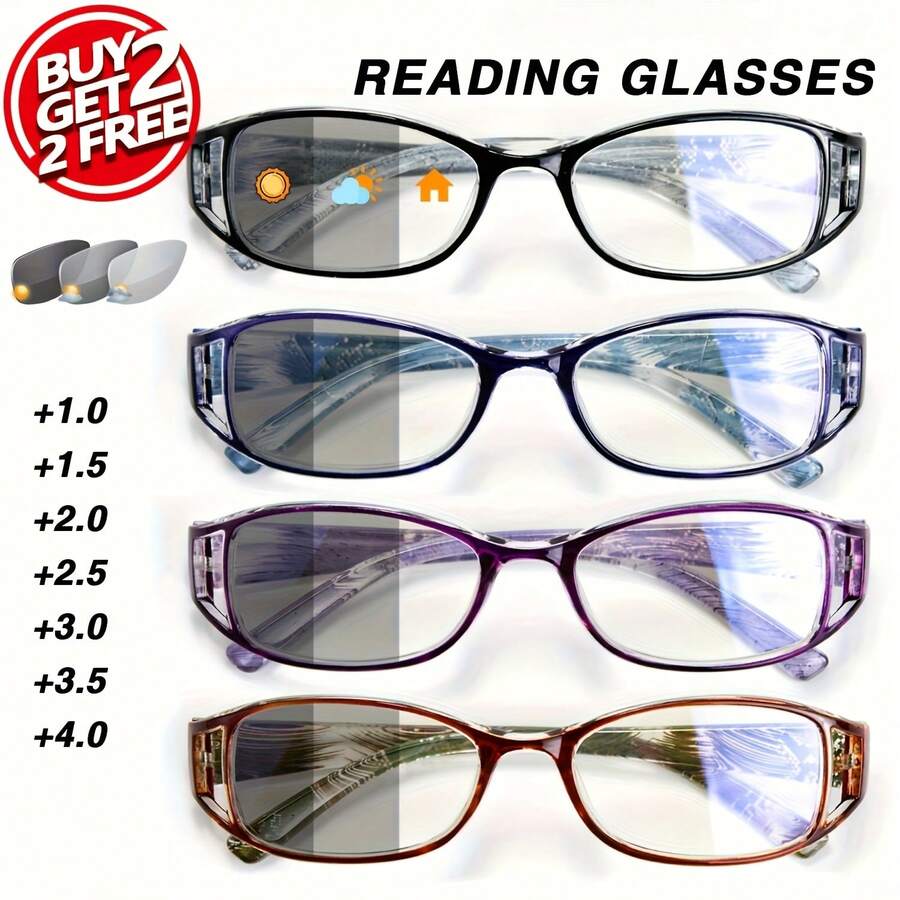 Set Of 4 Oval Women's Reading Glasses Colorful Printed Lightweight Portable For Daily Use - 黑色+藍色+紫色+棕色 - 查看 1