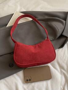 1 chiếc túi đeo vai bằng vải nhung kẻ màu trơn có khóa kéo, phụ kiện hoàn hảo cho trang phục mùa thu của nữ, lý tưởng cho ngày Valentine. - Màu Đỏ Sâu - Xem 3