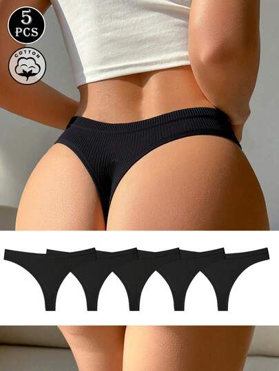 5pcs/Pack Women's Sexy Solid Color Cotton Breathable Bikini Panties